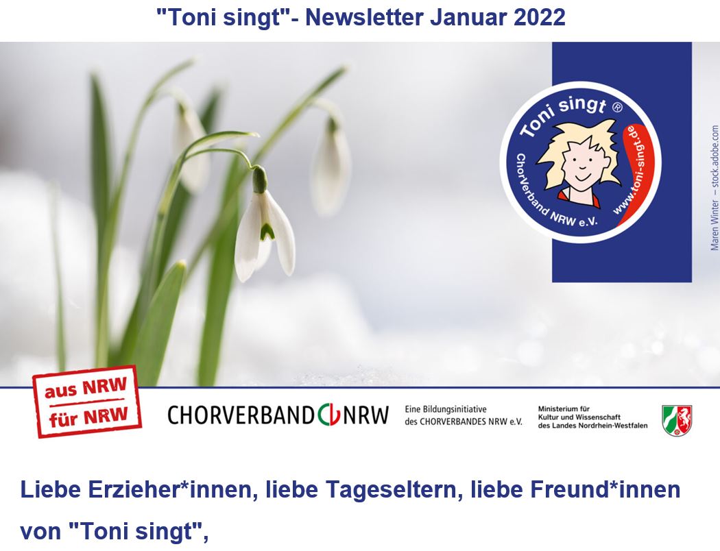 Schneeglöckchen-Bild, Logo "Toni singt", Anfang des Newsletters "Toni singt" Januar 2022